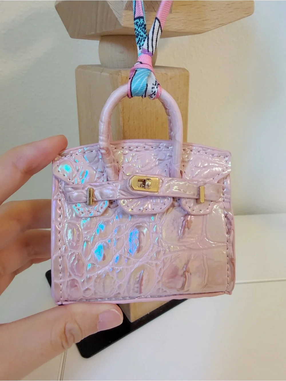 Iridescent Pearl Pink Croc Embossed Mini Bag Charm